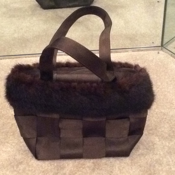 Brown mink fur trim handbag purse made from seatbelts - Picture 2 of 7